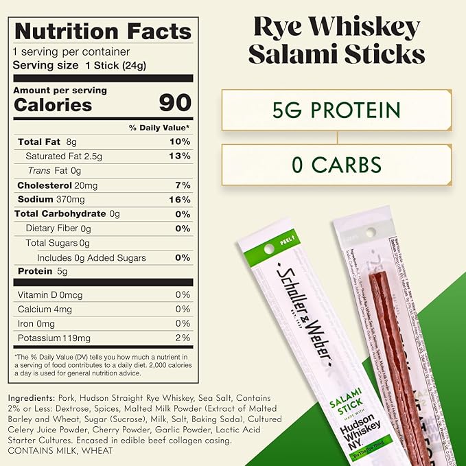 Schaller & Weber Hudson Whiskey Salami Sticks, 0.85 Oz (Pack of 20) | Smoked Salami with NY Whiskey | German Style Smoked Sausage Sticks | Gluten Free Protein Snack