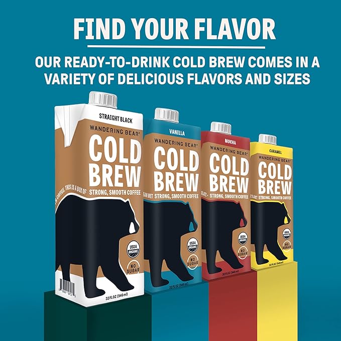 Wandering Bear Organic Vanilla Cold Brew Coffee, 32 fl oz, 6 pack - Extra Strong, Bold, Smooth, Unsweetened, Shelf-Stable, Ready to Drink, Gluten Free, & Vegan, Iced Cold Brewed Coffee Drinks