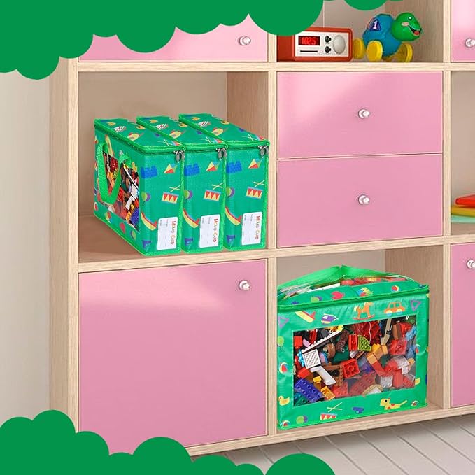 4 Pack Waterproof Toy Storage Bags with Labels,Include 1 Pcs Extra Large and 3 Pcs Large Bags,Oxford Cloth Toy Storage Pouch,Portable Trave Toy Organizer for Board Game, Building Blocks, Puzzle