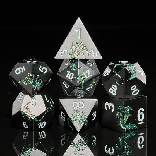 D&D Dice Set Metal Dragon Polyhedral DND Dice Set with Dragon Gift Box for Game Dice Dungeons and Dragons TTRPG(Black with Glitter Green Dragon)