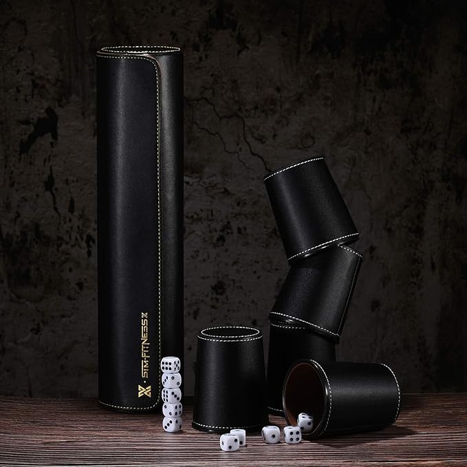 2 Set Leather Dice Cups, 10 Black Dice Cups + 50 Dice +2 Exclusive Storage and Transport Case Made of Faux Leather (Black)