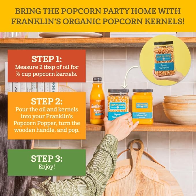 Franklin’s Gourmet Popcorn Organic Popcorn Kernels for Popping - 28oz Tub Pack of 2 - Made in USA, Non-GMO & All-Natural - Old Fashioned Unpopped Popcorn Kernels for Popcorn Machine
