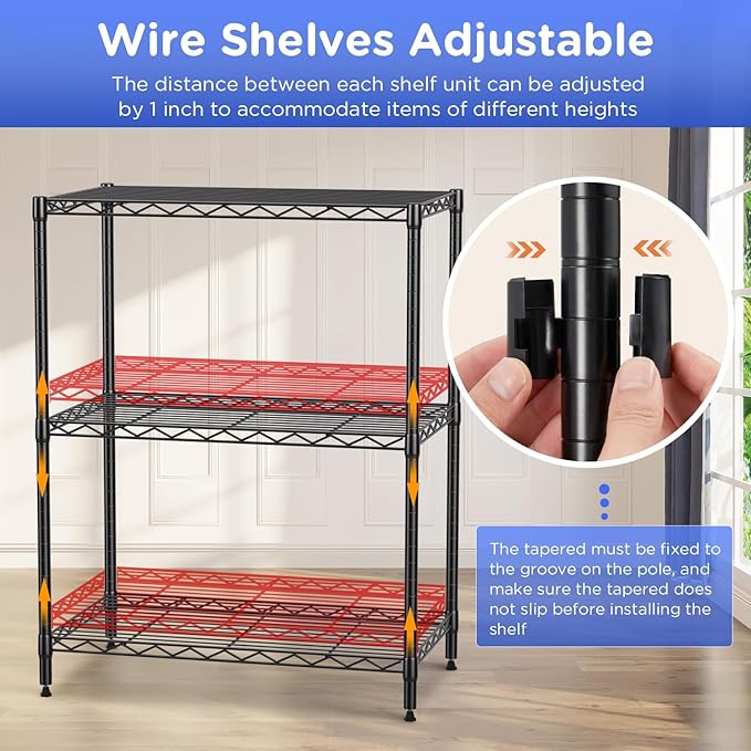 FDW 3-Shelf Adjustable,Storage Shelves Wire Shelving Shelving Unit Metal Shelves Storage Shelf,13" D x 23" W x 30" H,Black