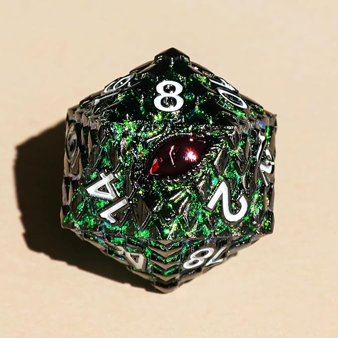Metal Dice Set D&D,7 PCS Dragon Scale Metallic DND Dice Set,Dragon Eye Metal Dice with Grogeous Gift Case for Dungeons and Dragon Tabletop Game (Glitter Green Dragon Scale & Red Eye)