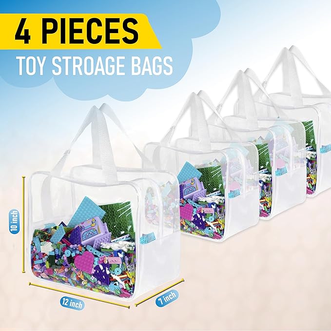 4 Pack Extra Large Toy Storage Clear Bags with Zipper 12"x10"x7" Clear Plastic Bins with Handle, Toy Organizer for Kids playroom, Blocks, Clothes, Stuffed Animal Storage