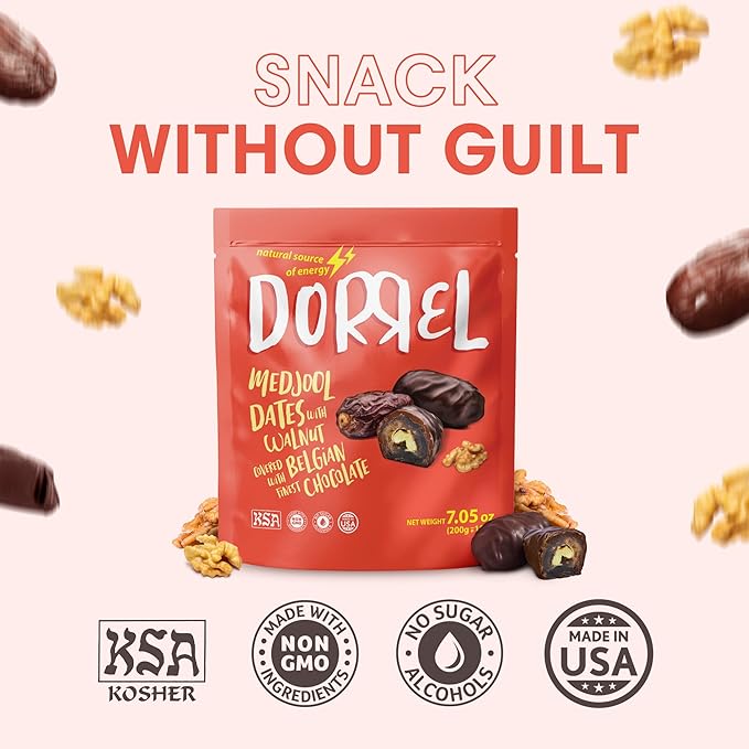 DORREL - Belgian Dark Chocolate Covered Dates (Medjool) with Walnuts Stuffing, High Energy Vegan Choco Snack, Delicious, Kosher & Non-GMO, Pack of 1 Stuffed Chocolate Dates, 7.05 oz / 200 g Ea