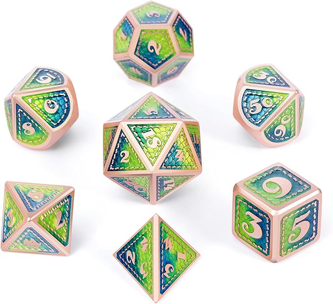 Metal DND Dice Set with Gift Metal Case DNDND 7 PCS Metallic Dungeons and Dragons Die for DND Game (Blue & Green with Matt Copper Edge)