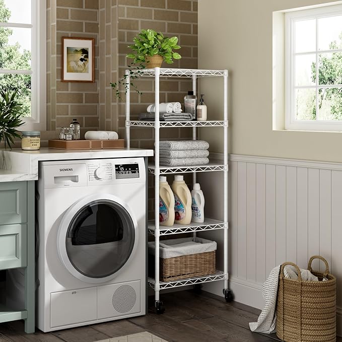 Small 5 Tier Shelves Storage Wire Shelving Unit Metal Shelf Adjustable Organizers Storage Shelving with Wheels for Bathroom Laundry Room Kitchen Pantry12”D x 18”W x 57.2”H White