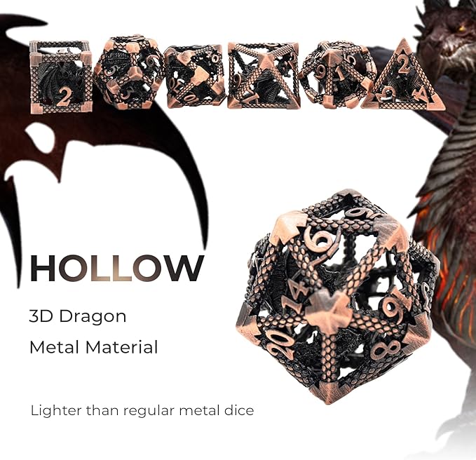 D&D Dice, Dungeons and Dragons Metal Dice Set of 7PC,DND Dice Role Playing D and D Starter Dice for RPG MTG Table Board Games Pathfinder Warhammer Shadowrun Yahtzee (3D-Copper)
