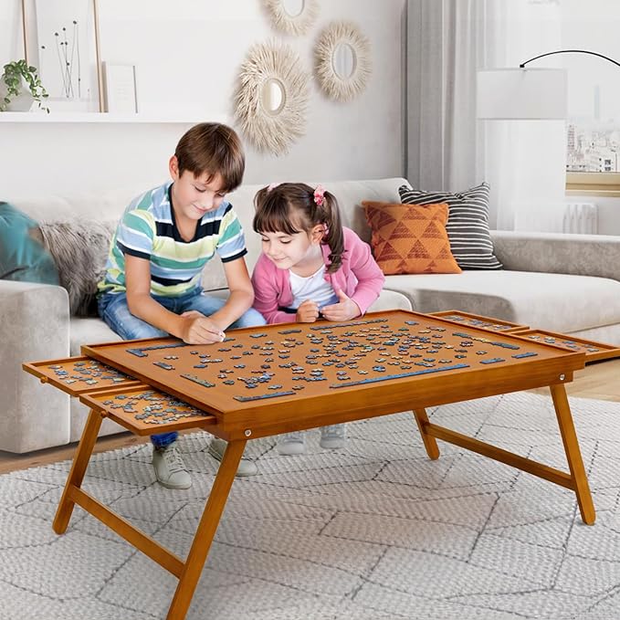 TEAKMAMA 1500 Piece Wooden Jigsaw Puzzle Board with 4 Drawers, Folding Puzzle Table with Protective Cover, Jigsaw Board with Legs, Multifunctional Game Table for Adults, 34W x 26.3D, Brown