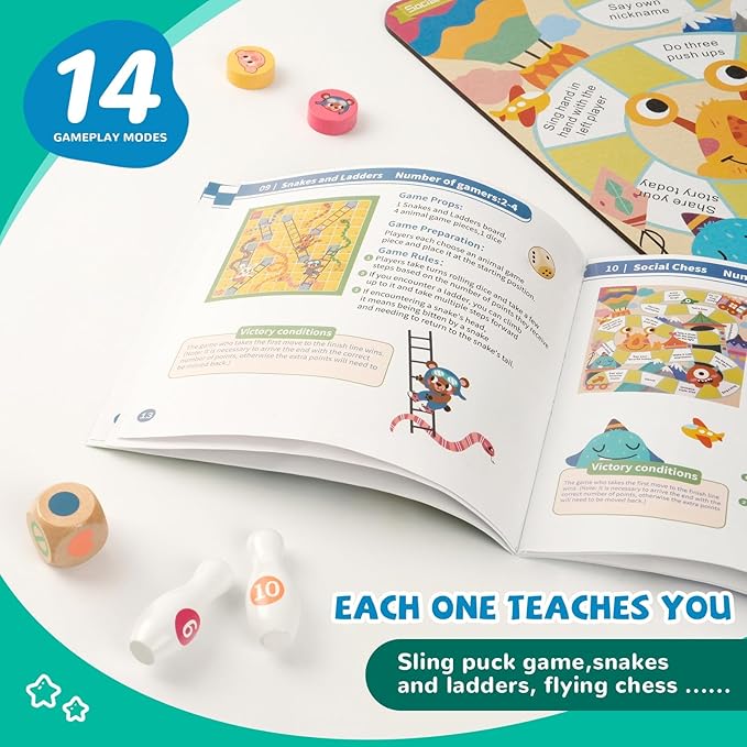 14-in-1 Wooden Fast Foldable Sling Puck Set for Kids and Adults, Multi-Game Combo with Snakes and Ladders, Bowling and More, Portable Travel Games Set, Interactive Families Toys