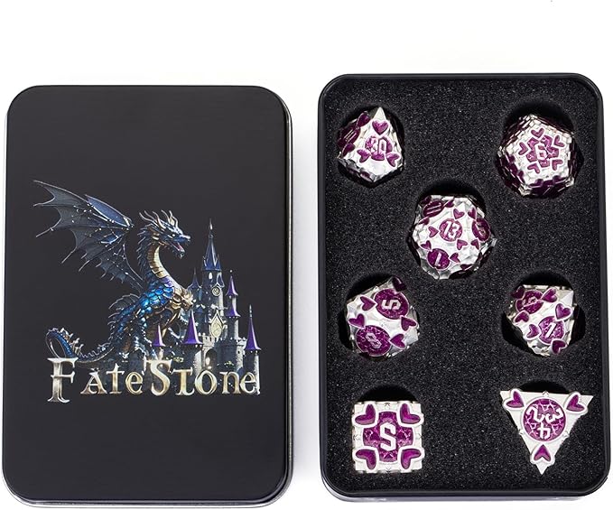 Metal D&D Dice Set 7pcs DND Dice Set with Beautiful Gift Box for Dungeons and Dragons MTR PRG Tabletop Games (Silver-Rose)