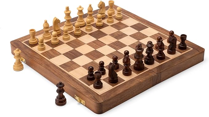 10" Wooden Folding Chess Boards, Handcrafted Portable Travel Chess Game with Pieces Storage Slots & 2 Extra Queens (10 X 10 Inches)