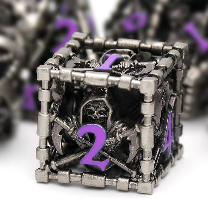 Hollow Grim Reaper Metal Polyhedral Dice Set - Purple Numbered D&D, Pathfinder, Warhammer, Shadowrun Gaming Dice