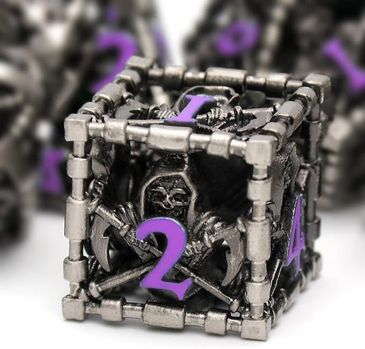 Hollow Grim Reaper Metal Polyhedral Dice Set - Purple Numbered D&D, Pathfinder, Warhammer, Shadowrun Gaming Dice