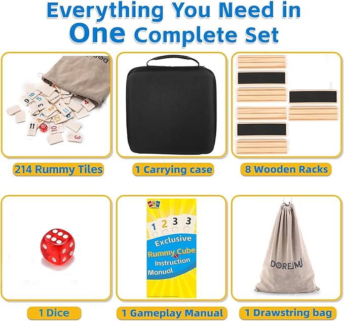 Upgraded Rummy Cube Game Set 6-8 Players with 8 Wooden Racks & 214 Rummy Tiles | Travel & Family Board Game for Adults and Kids