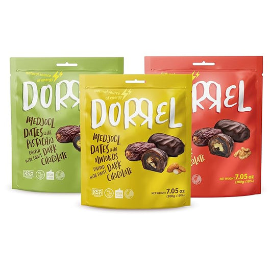 DORREL - Trio Bundle Pack: Belgian Dark Chocolate Covered Dates Medjool with Walnuts, Salted Almonds & Pistachio Stuffing, High Energy Kosher Non-GMO Choco Snack Pack of 3, 7.05 oz Ea