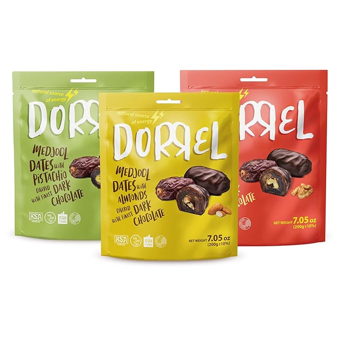 DORREL - Trio Bundle Pack: Belgian Dark Chocolate Covered Dates Medjool with Walnuts, Salted Almonds & Pistachio Stuffing, High Energy Kosher Non-GMO Choco Snack Pack of 3, 7.05 oz Ea