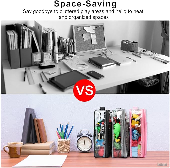 4 Pack Clear PVC Zippered Toy Storage Bags for Toy, Kids Toy, Building Blocks, Puzzle, Clay, Board Game Storage Organizer Travel Waterproof Toy Bag With Name Tag Pocket (Pink, L & S)