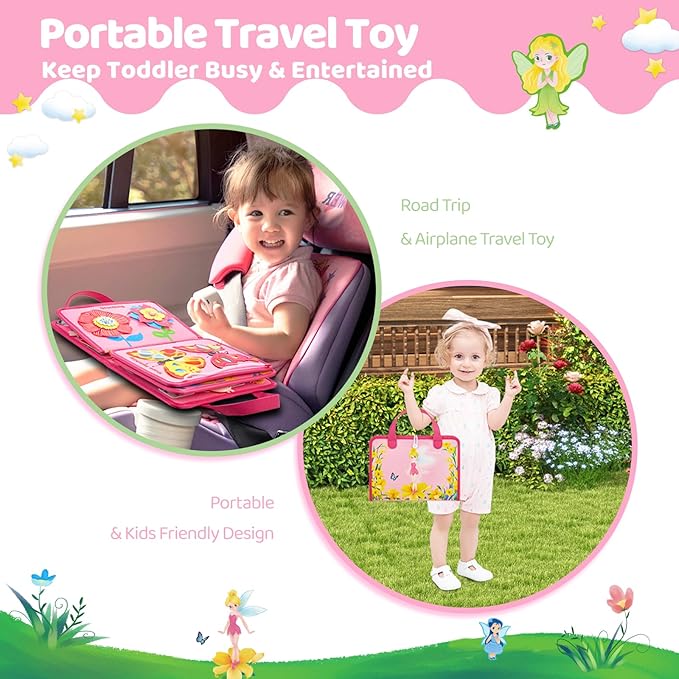 Busy Board Montessori Toys for 3 4 Year Old Girls Birthday Gifts, Educational Activity Sensory Board Preschool Learning Toys for Toddlers, Travel Toys for Airplane Car (Flower Fairy)