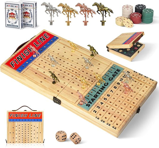21 Inch Horse Racing Game, 11 Luxury Metal Horses, Thickened Wood Chessboard, Chips, Cards & Dice, Classic Wooden Table Top Board Game for Adults & Family