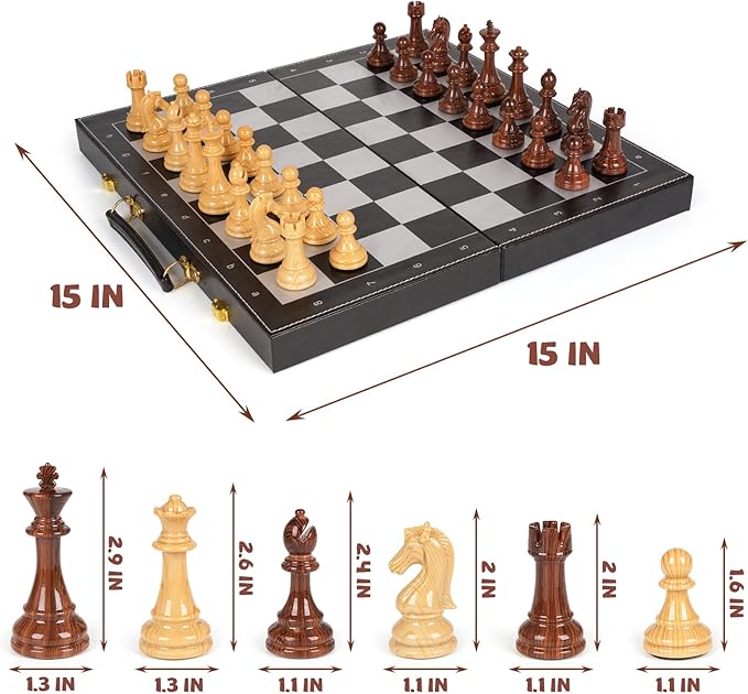 Chess Checkers Backgammon Set 3-in-1 Board Games Sets for Kids & Adults,15" Folding Magnetic Chess Set Leather Chess Board Strategy Game Portable Travel Chess Game with Magnetic Chess Pieces
