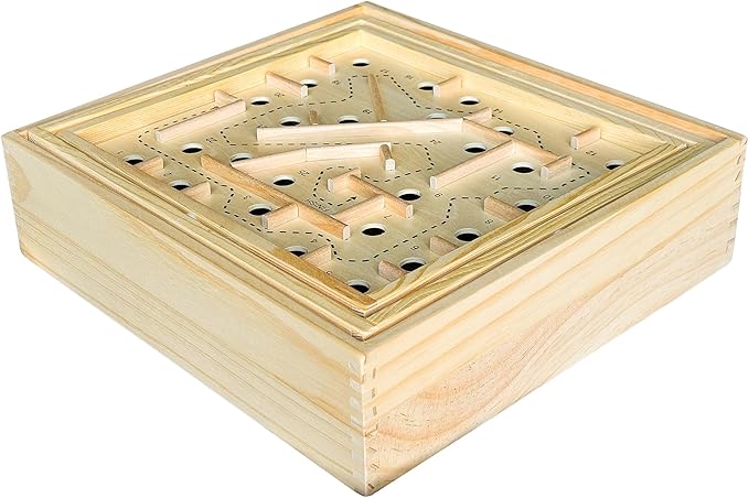 Sterling Games Wooden Labyrinth with 3 Swappable Boards – Classic Maze Game with 60, 36, and 25 Waypoints – Wooden Tilt Puzzle with Knob Control and 3 Steel Marbles for Kids Age 6+