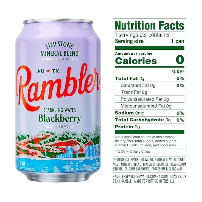 AUTX RAMBLER Sparkling Water, Texas Limestone Mineral Blend, Blackberry Flavor, 12-Ounce Cans, Three 8-Packs (24 Cans)