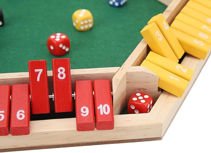 Wooden Shut The Box Dice Game for 6 Players - Multiplayer Tabletop Game with 12 Dice