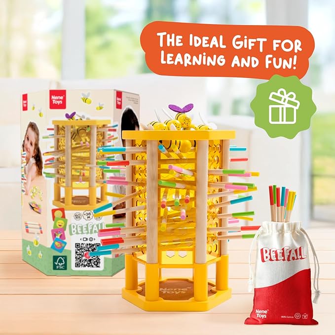 Nene Toys BeeFall, 4-in-1 Wooden Honey Bee Toy for Kids Ages 3-9 - Educational Game with Wooden Honeybee Hive, 12 Bees, Colorful Sticks, Dice & Cards - Fun Family Game for Cognitive Development