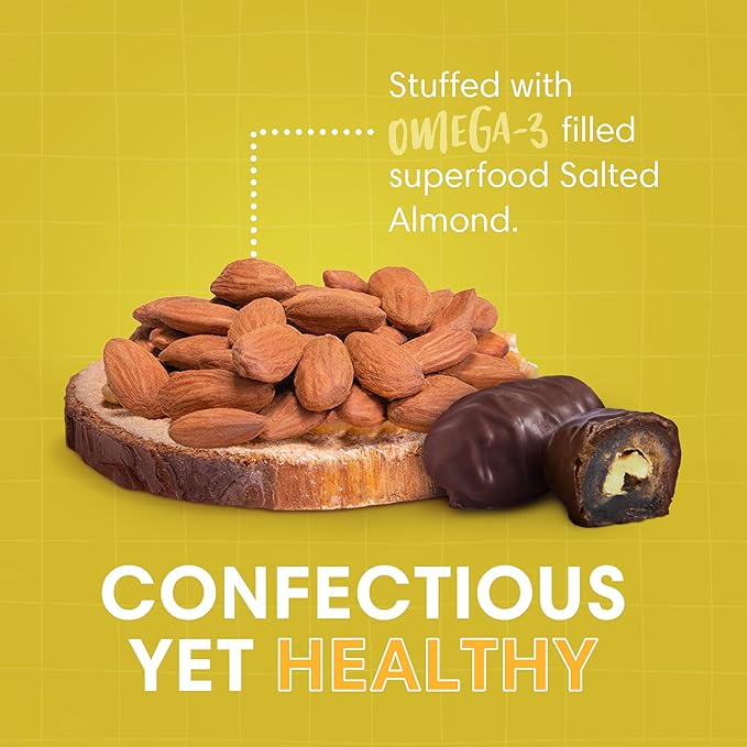Dorrel Belgian Dark Chocolate Covered Medjool Dates Stuffed with Salted Almonds, Nutritious and Tasty Dark Chocolate Almond with Sea Salt, High-Energy Snack, Non-GMO, Kosher,