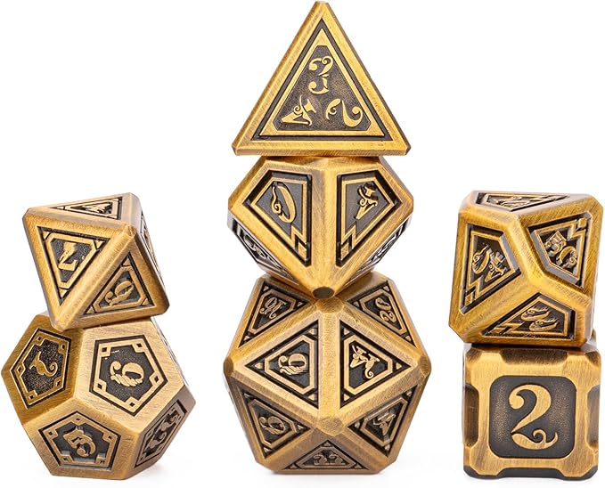 Retro Fantasy Metal Style 7pcs DND Dice Set with Beautiful Gift Box for Dungeons and Dragons MTR PRG Tabletop Games (Brass)