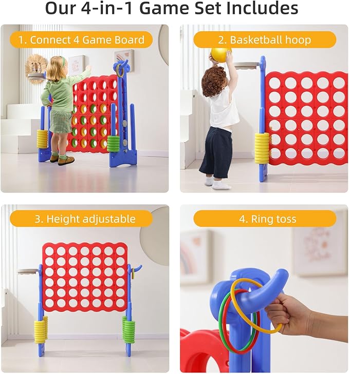 UNICOO® Height Adjustable Jumbo 4-to-Score Game, 4 in A Row Game with Basketball Hoop, Ring Toss, Carrying Bag, Indoor Outdoor Yard Game, Parties & Family Gatherings