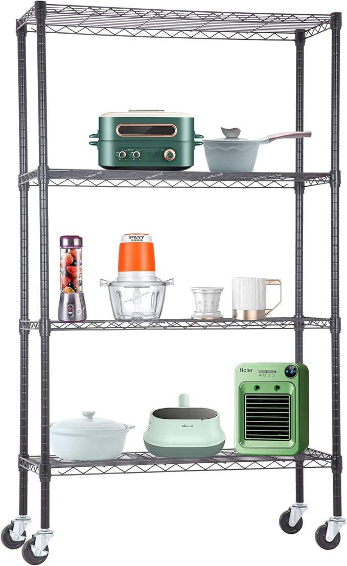 4-Tier Adjustable NSF-Certified Metal Shelf 36L x 14W x 62H Wire Shelving Unit Storage with Wheel for Small Places Restaurant Garage Pantry Kitchen Garage Rack,Black