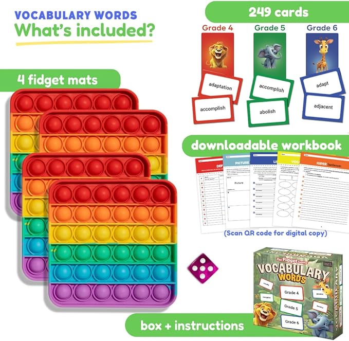 THE FIDGET GAME Vocabulary Words, Flash Card Game, Grade 4-6, Ages 9-12, Develop Communication and Reading Comprehension Skills, Fidget Mats, Learning Guide & PDF Workbook Included