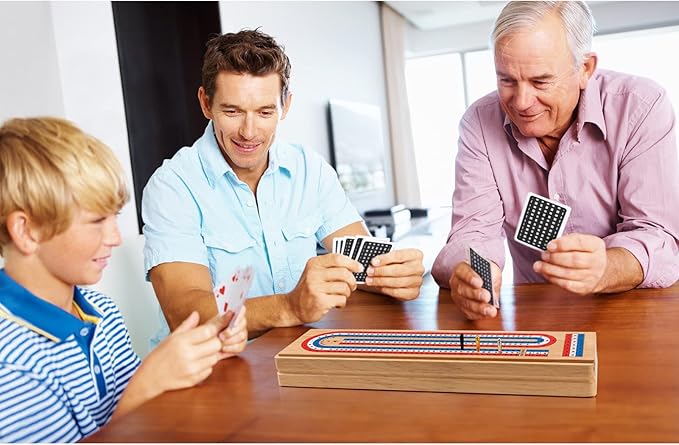 Cribbage Board Game Set with Large Storage Area, Solid Wood 3 Track Cribbage Board, 9 Metal Pegs, 2 Playing Cards and Instruction. Portable Travel Board Game for All Ages.