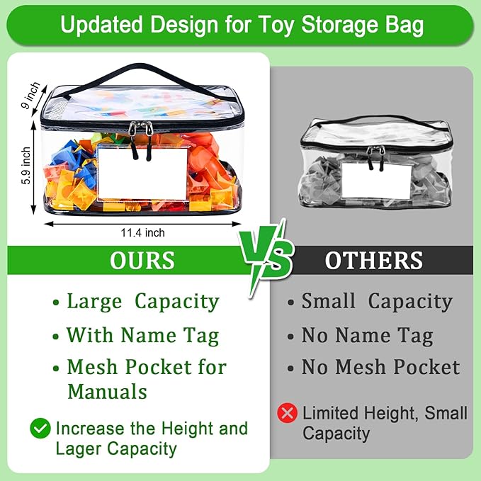 Upgraded 6 Pack Clear Toy Storage Bag - with Name Tag & Manual Pocket, Transparent PVC Toy Organizer Case with Zipper for Board Game, Building Blocks, Puzzles, Large Capacity for Kids Ages 6+ (Black)