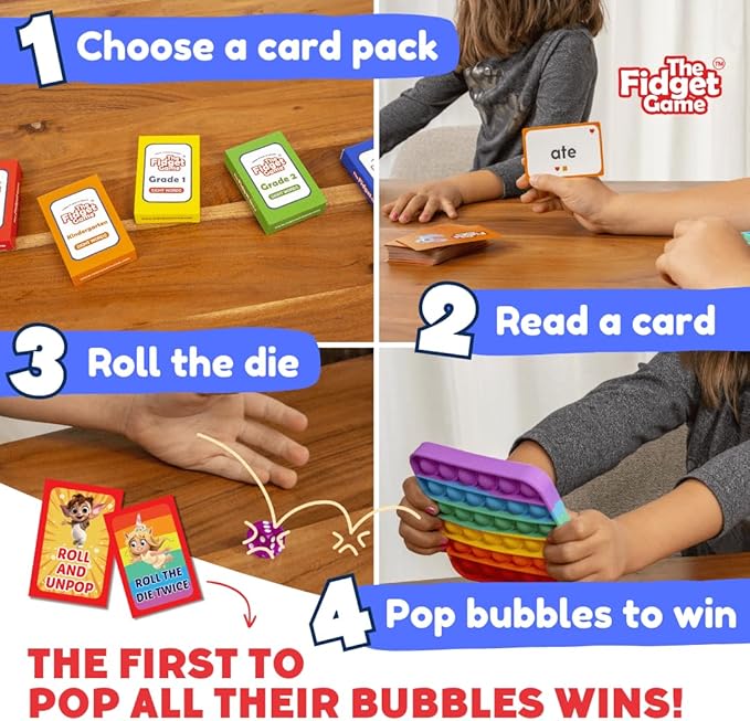 THE FIDGET GAME Kindergarten Learning Bundle - Flashcards and Pop Fidget Toys for Kids Pre-K to Grade 3 - Learning Activities and Games for High-Frequency Dolch Sight Words - Includes Mats and Dice