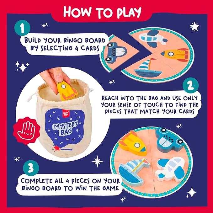 Nene Toys Touch and Match Bingo Game - Educational Sensory Toy for Kids Aged 3+ | Board Game with 24 Wooden Shapes & Puzzle Cards for Family Fun | Develops Fine Motor Skills & Tactile Awareness