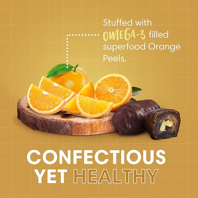 Dorrel Belgian Dark Chocolate Covered Medjool Dates Stuffed with candied orange peel, High-Energy Source, Nutritious and Sweet Snacks, Non-GMO, Kosher, 1 Pack