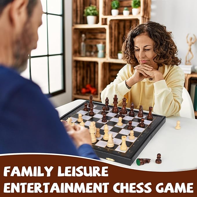 15-Inch Wooden Chess Set – Premium Folding Wooden Chess Board with Carved Chess Pieces, Built-in Storage, Portable and Travel-Friendly Chess Game Sets for Adults and Kids