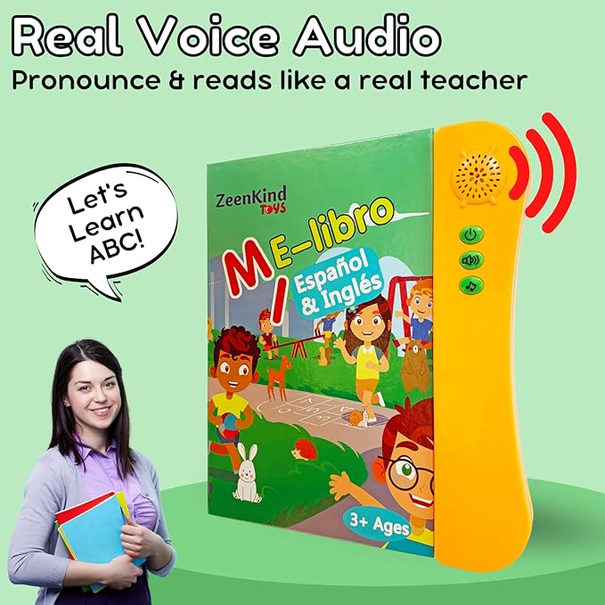 ZEENKIND Spanish & English Talking Learning Book for Kids 2 3 4 5 6 Years Old, Interactive Audio Sound Books, Toddler Educational Toy to Learn Spanish, Electronic Bilingual Toys, Juegos para Niños