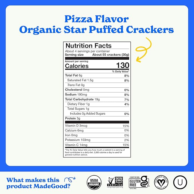 MadeGood Star Puffed Crackers, Pizza, 6 Bags (4.26oz Each) Gluten Free and Organic, Healthy Snacks