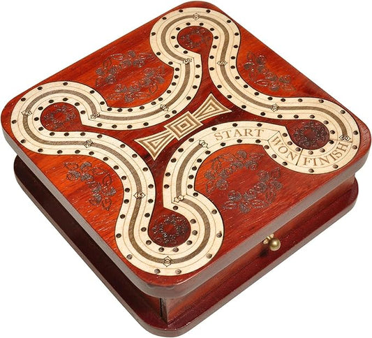 PALM ROYAL HANDICRAFTS 2 Track Wooden Cribbage Board- Two Player Cribbage (60 House) - Alphabet X Track Cribbage Board-2 Decks of Cards and pegs Available (5.5 x 5.5 Inches Small).