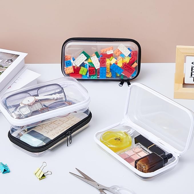 Hoolerry 4 Pcs Hard Clear Zipper Case Transparent Cases for Snacks Makeup Bag Plastic Storage Box Containers for Building Blocks, Puzzles, Cosmetics(Black and White,7.5 x 3.9 x 2 in)