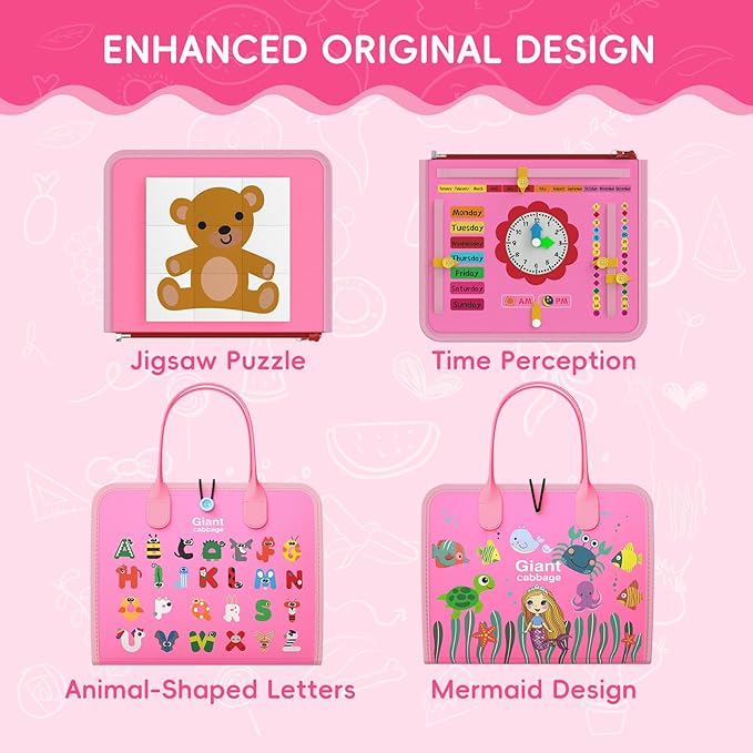 Busy Board Trave Toys for Toddlers 1 2 3 4, Girl Birthday Gift Preschool Learning Activities Educational Toys, Montessori Toys for 2 3 4 Year Old Girls Gift, Pink Mermaid