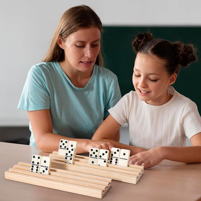 Wooden Domino Holders for Classic Games, Set of 6 Domino Racks for Family Tile Games, Mexican Train Accessories Domino Trays