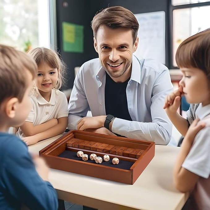 VAMSLOVE Shut The Box Dice Game Wooden Board Table Math Game for 2 Players and Up, 12 Numbers Close The Box with 6 Dice for Kids Adults Family (Instructions Included)