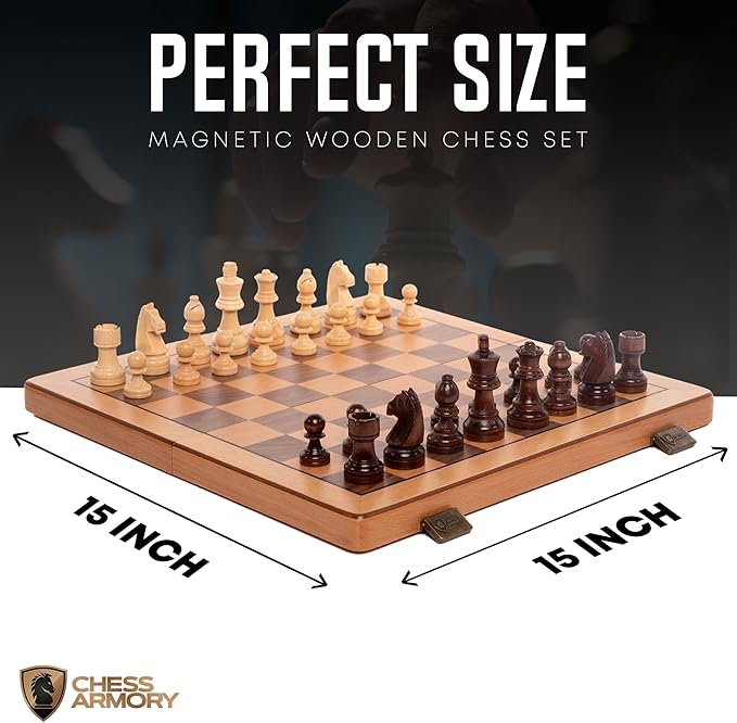 Chess Set Magnetic - Premium Wooden Board Game with a Portable Wood Case and Secure Storage for Pieces, Set for Kids and Adults (Beech Wood) - Chess Armory