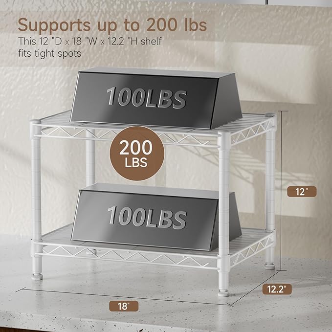 Small 2 Tier Shelves Storage Wire Shelving Unit Metal Shelf Adjustable Organizers Storage Shelving with Wheels for Bathroom Laundry Room Kitchen Pantry12”D x 18”W x 12.2”H White